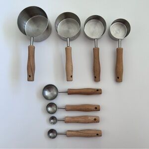 Crate&Barrel Measuring Cups and Spoons Set silver stainless and wood handles